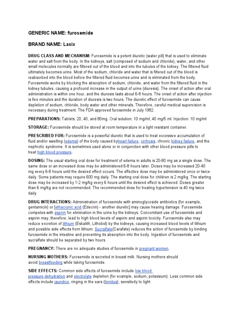 GENERIC NAME Furosemide Brand Name Lasix Edema Heart Failure