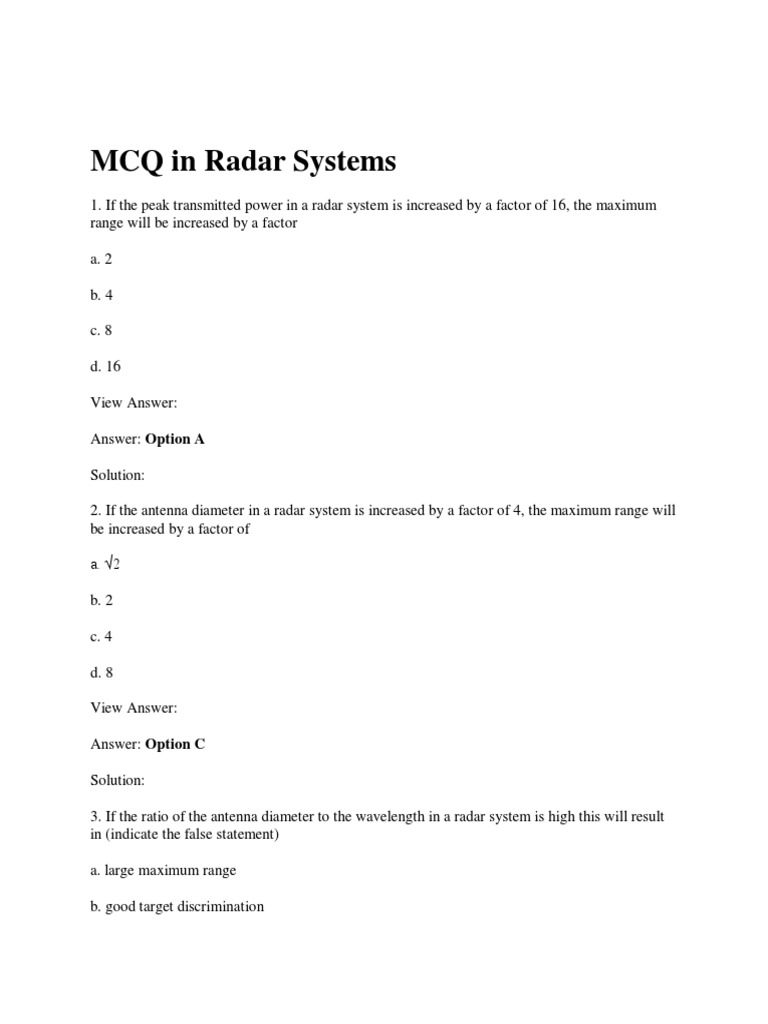 MCQ Radar Systems PDF Radar Antenna (Radio)