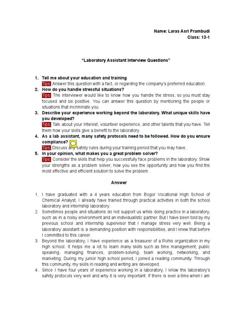 13.1 Laras Asri Prambudi Laboratory Assistant Interview Questions