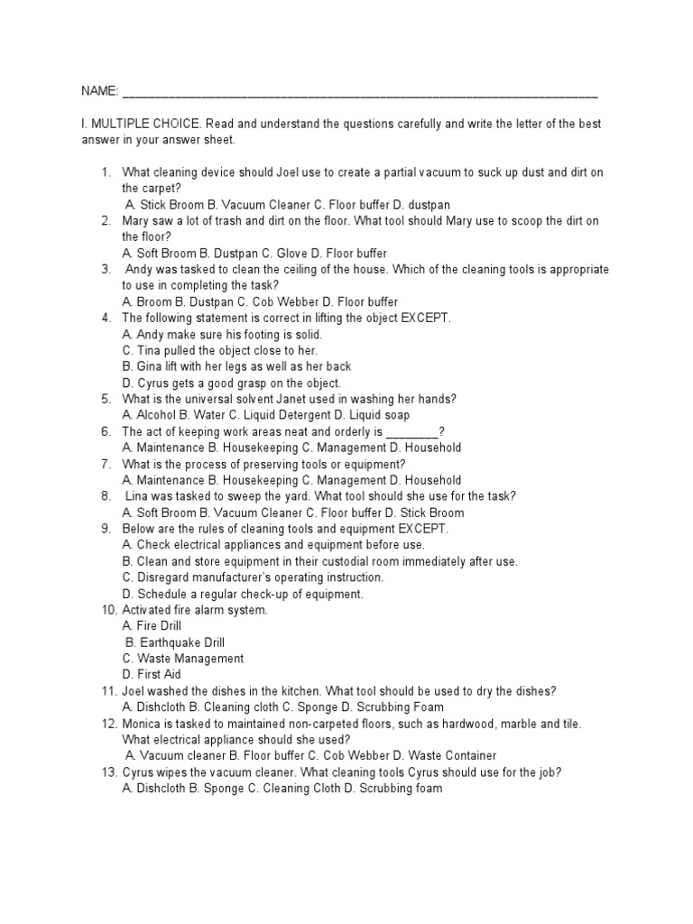 Review Quiz T.L.E 7 PDF Housekeeping Vacuum Cleaner