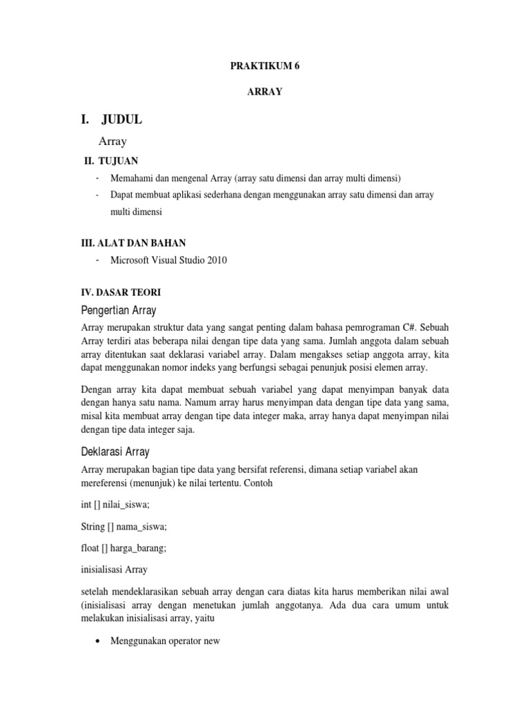 Panduan Praktikum Array C# | PDF | Metode & Bahan Ajar | Komputer
