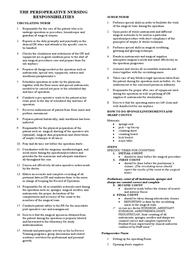 Perioperative Nursing Responsibilities | PDF | Surgery | Health Sciences
