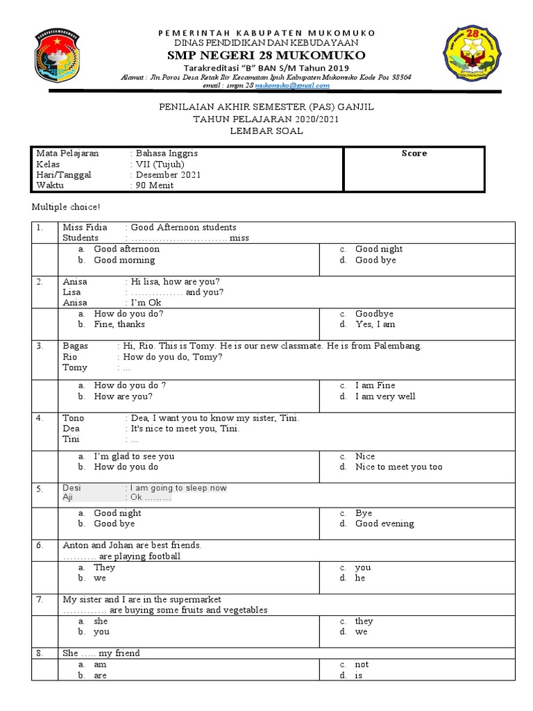 Soal Pas Kelas 7 Ganjil 2021 Pdf
