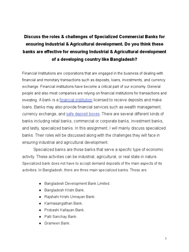 Roles and Challenges of Specialized Banks PDF Banks Economic Growth