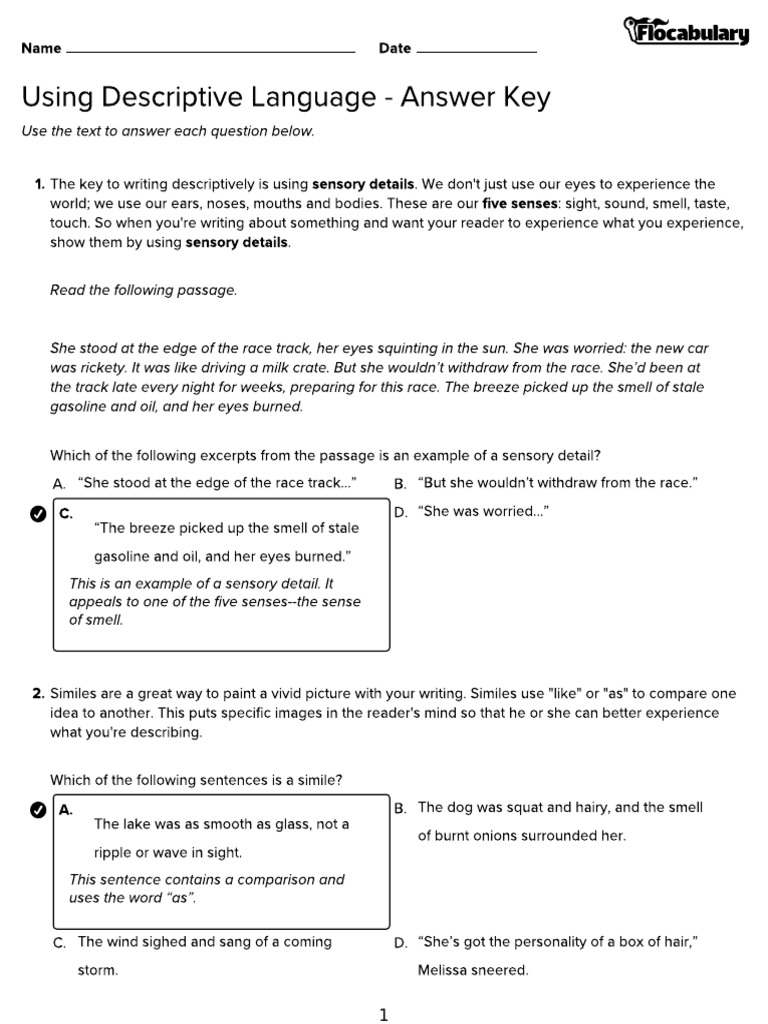 Using Descriptive Language v1 Read and Respond Answers PDF