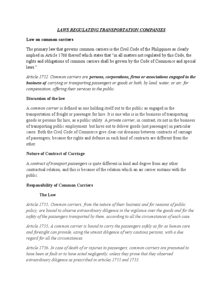 Law On Common Carriers Laws Regulating Transportation Companies PDF Common Carrier Legal