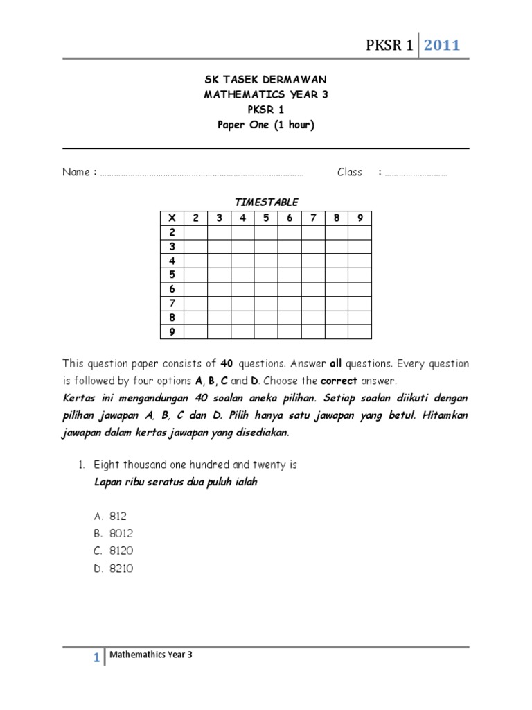Soalan Matematik Tahun 3 Pksr 1 Pdf