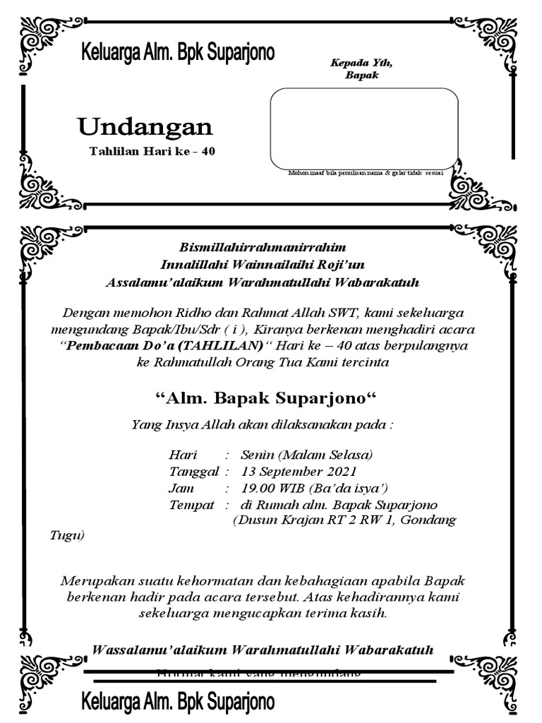Contoh Undangan Tahlilan 40 Hari Meningg | PDF
