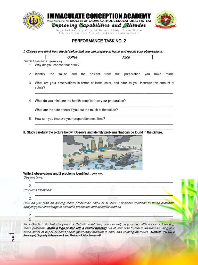 PERFORMANCE TASK No. 2 in Science 7 | PDF | Drink | Solution