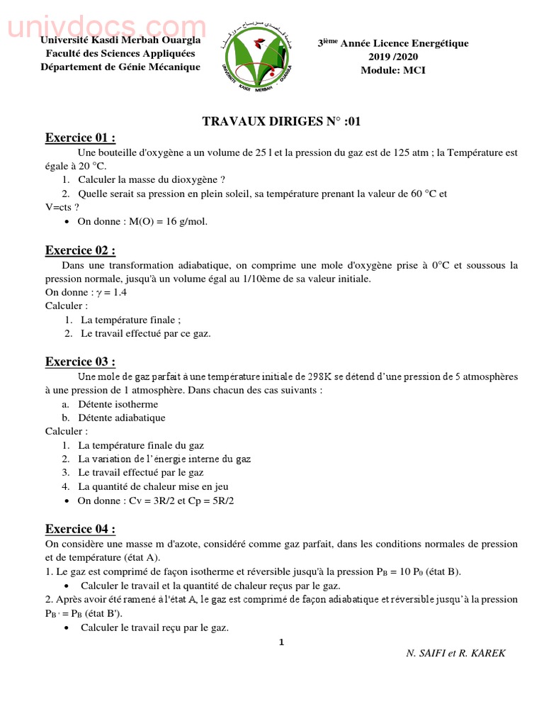 Exercices de thermodynamique des gaz | PDF | Chaleur | Pression