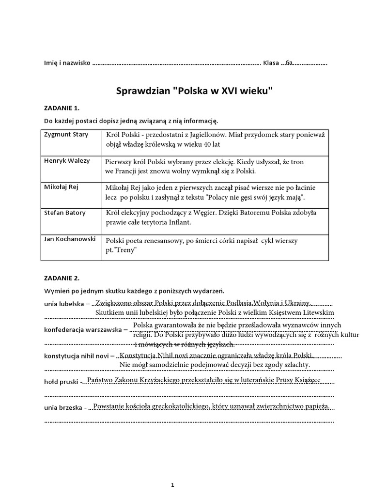 Testy Historia Klasa 6 Wsip Sprawdzian Polska W XVI Wieku Klasa 6 | PDF