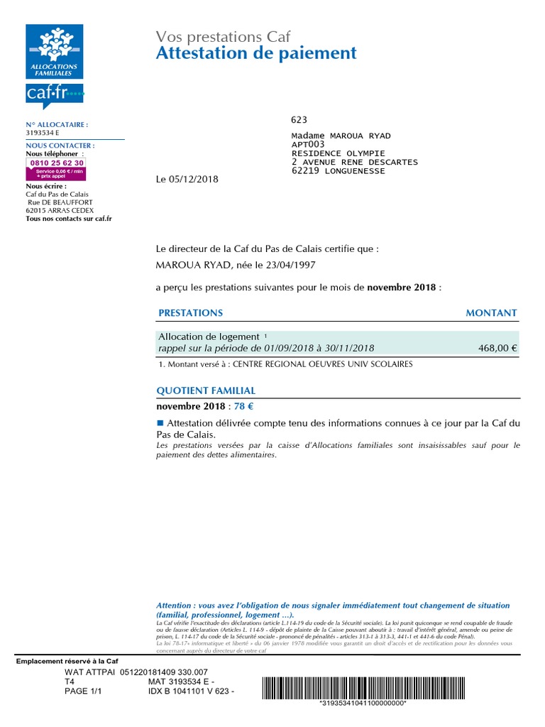 Attestation de Paiement: Vos Prestations Caf | PDF | Gouvernement | Justice