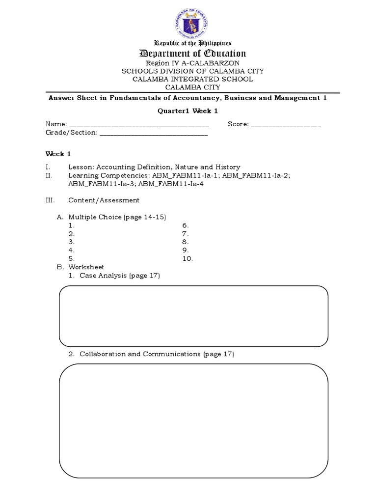 ABM 1 Answer Sheet: Week 1 Fundamentals | PDF