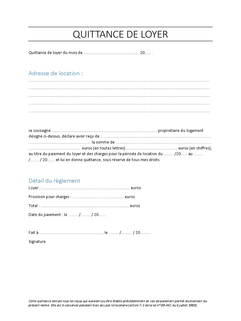 Quittance de Loyer Modèle à Remplir | PDF | Finance et gestion ...