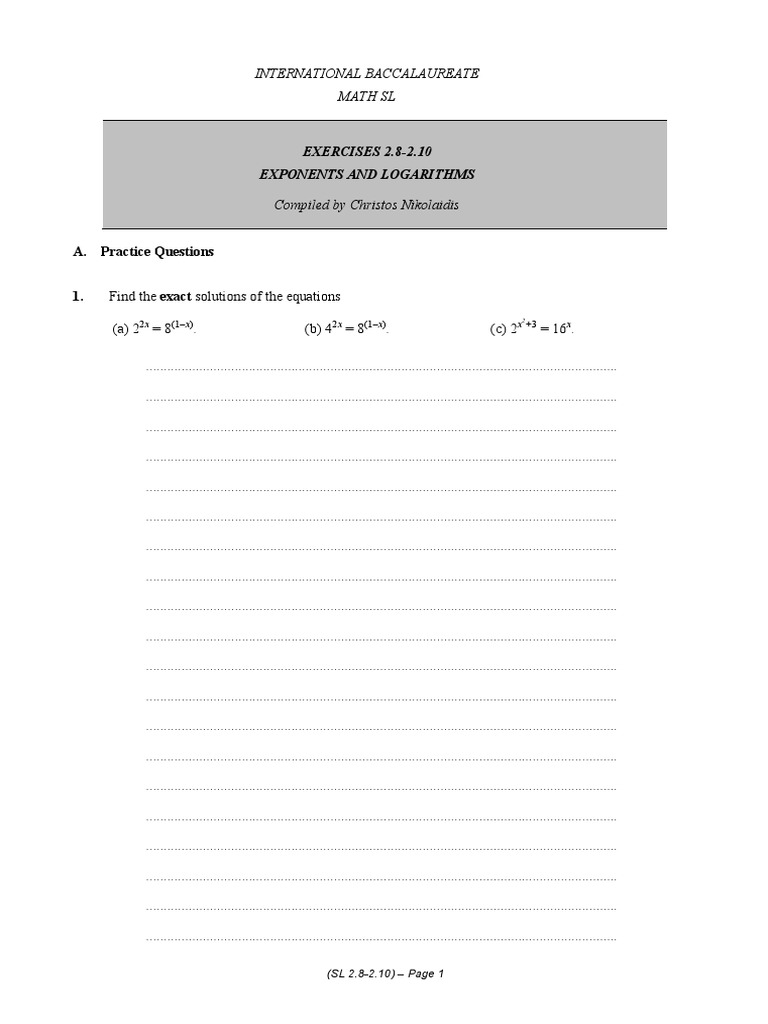 IB Math SL Exponents & Logarithms Exercises | PDF | Logarithm ...