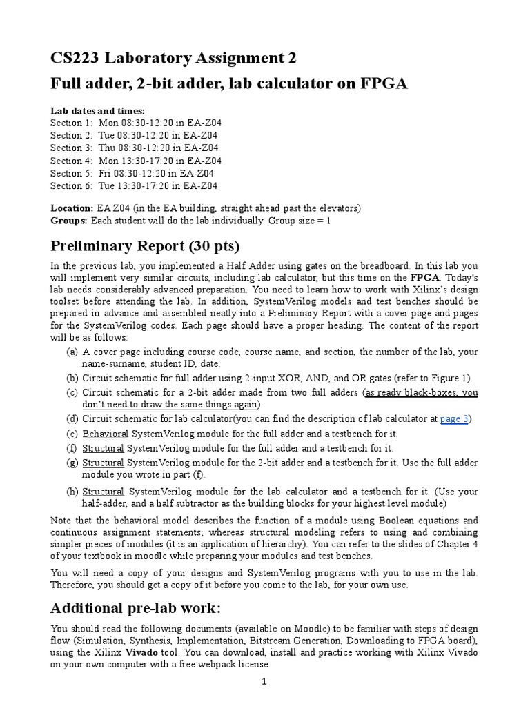 CS223 Laboratory Assignment 2 Full Adder, 2-Bit Adder, Lab Calculator ...