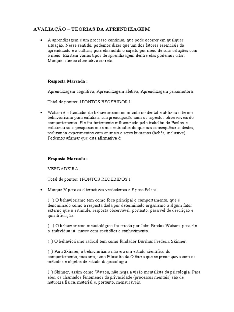 Avaliação - Teorias Da Aprendizagem | PDF | Behaviorismo | Aprendizado