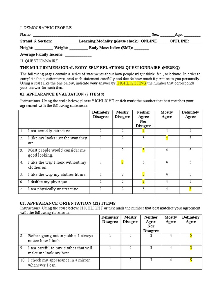 Self report questionnaire multidimensional body self relations