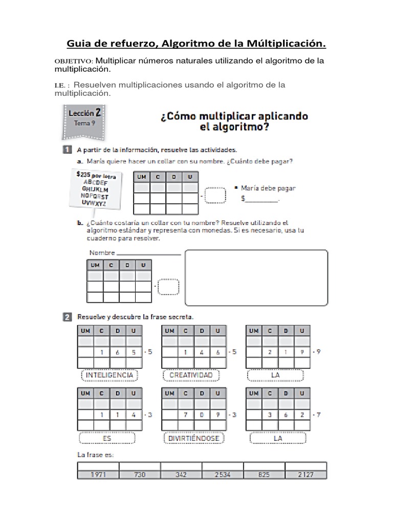 Algoritmo de Multiplicación: Guía Práctica | PDF | Métodos y materiales ...