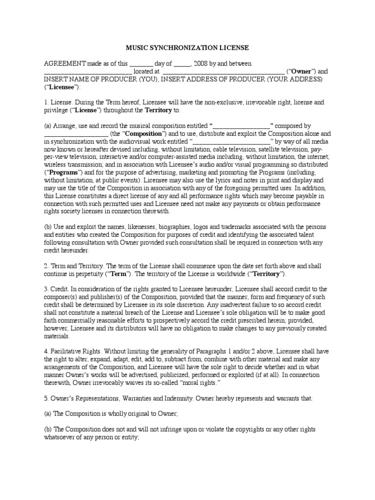 Sample Music Sync License For TV Contestants | PDF | Equitable Remedy ...