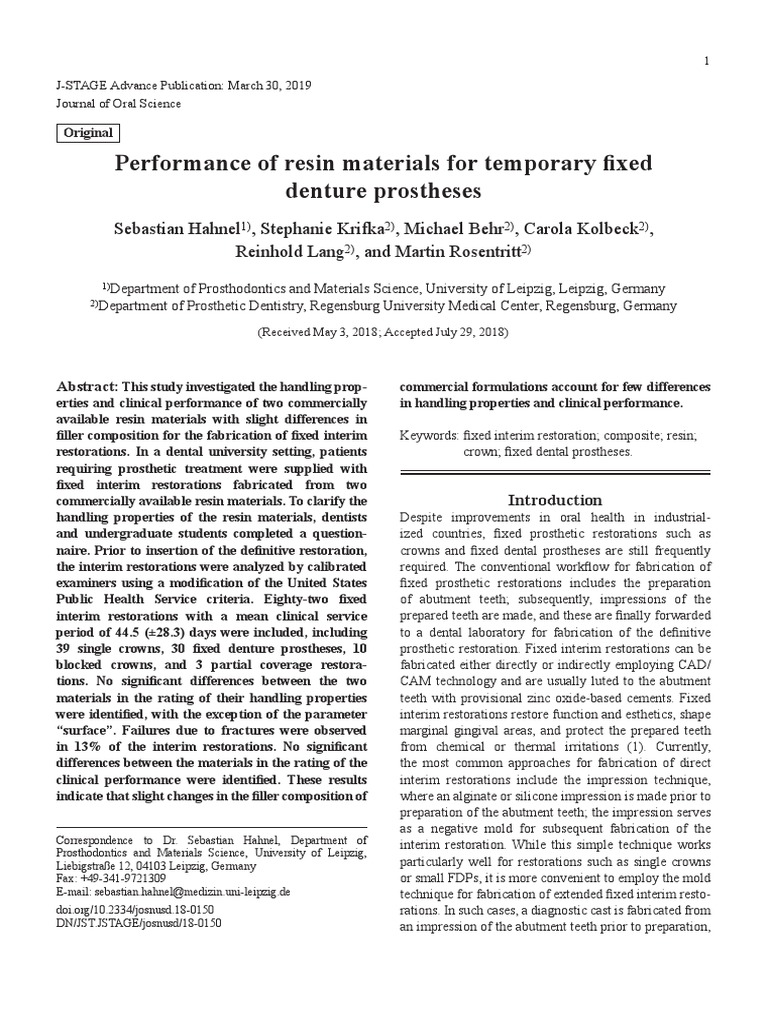 Performance of Resin Materials For Temporary Fixed Denture Prostheses