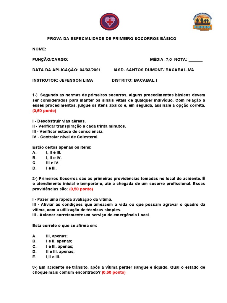 Prova Da Especialidade de Primeiro Socorros Básico-Robson | PDF ...