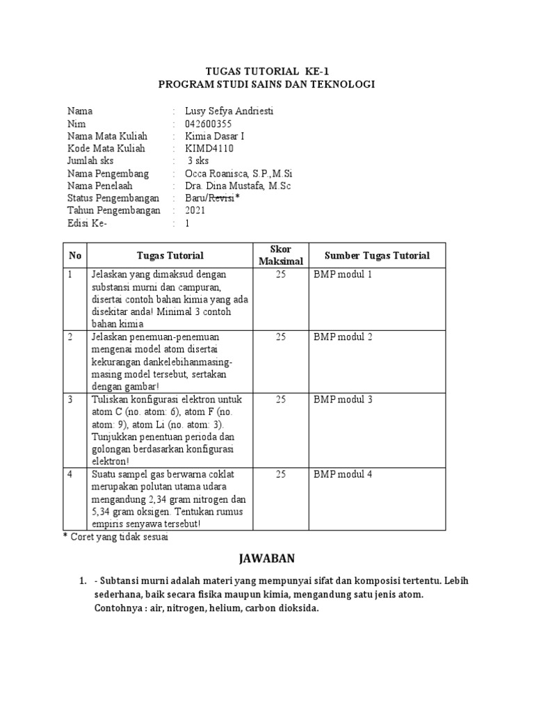 Tugas Kimia Dasar I: Model Atom | PDF | Metode & Bahan Ajar | Sains ...