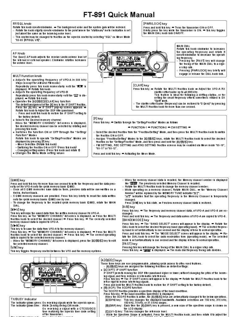 FT891 Quick Manual (PWR/LOCK) Key RF/SQL Knob PDF Computer