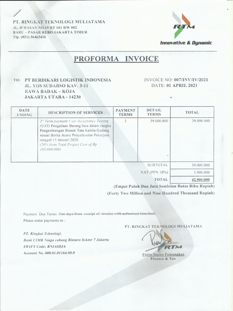 Proforma (Cover) Invoice PT Ringkat Teknologi Muliatama April 2021 | PDF