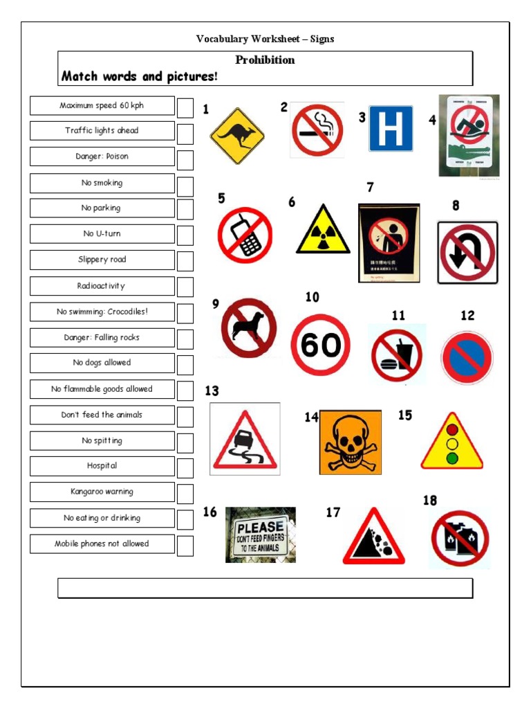 Prohibition Signs Vocabulary Worksheet | PDF