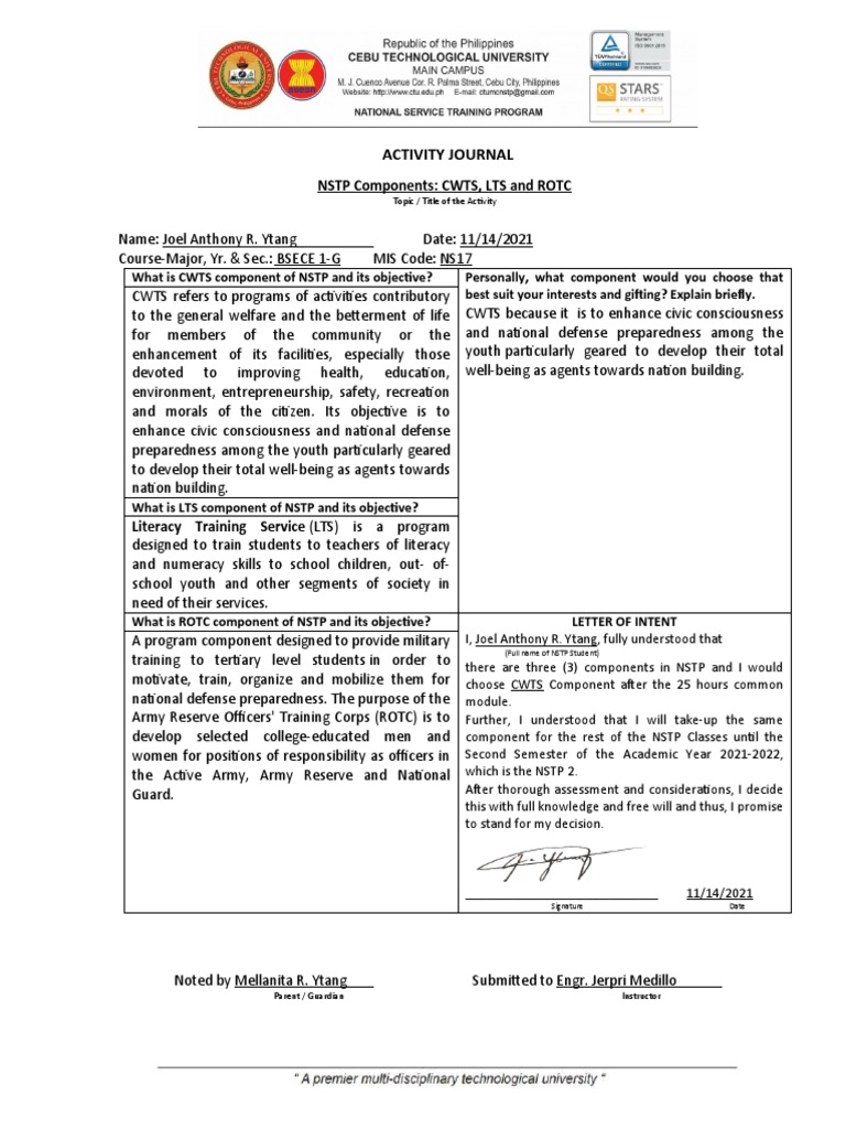 Activity Journal NSTP Components CWTS LTS ROTC | PDF | Reserve Officers ...