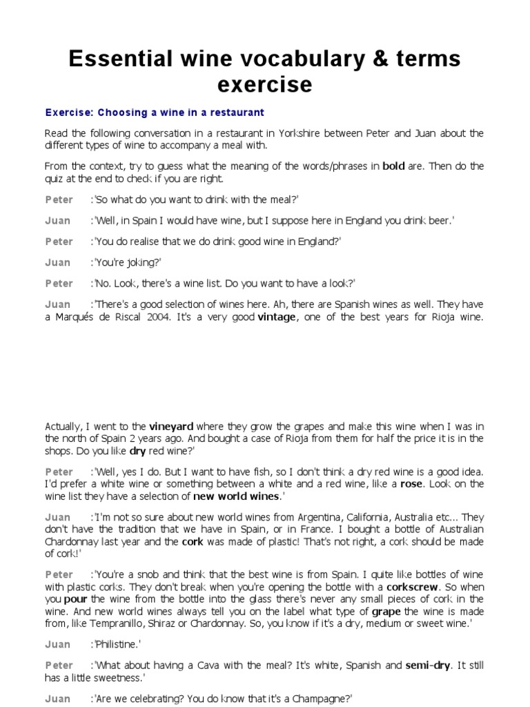 Essential Wine Vocabulary & Terms Exercise PDF Wine Champagne
