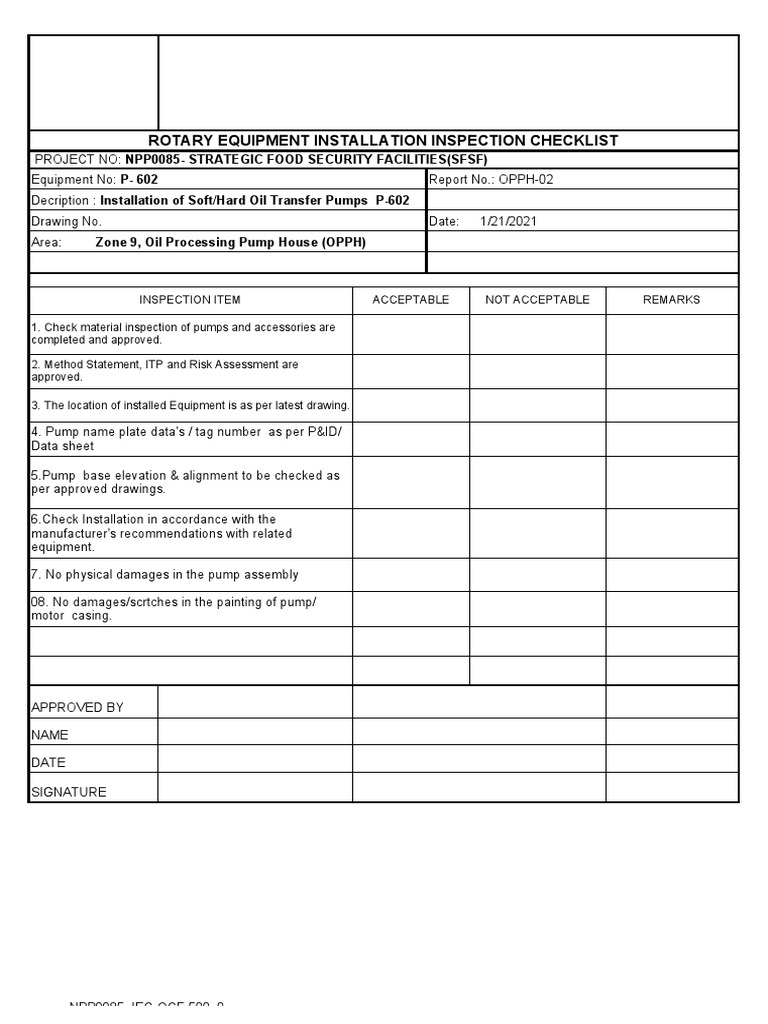 Rotary Equipment Installation Inspection Checklist: Zone 9, Oil ...