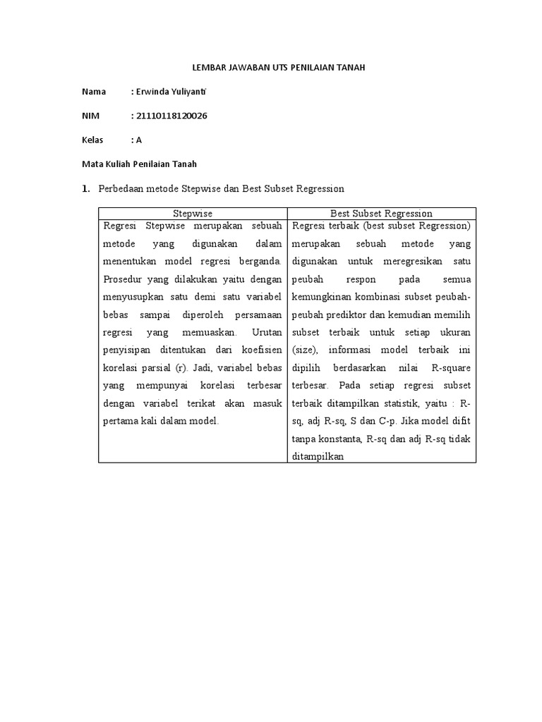 Perbandingan Metode Stepwise dan Best Subset | PDF | Metode & Bahan Ajar