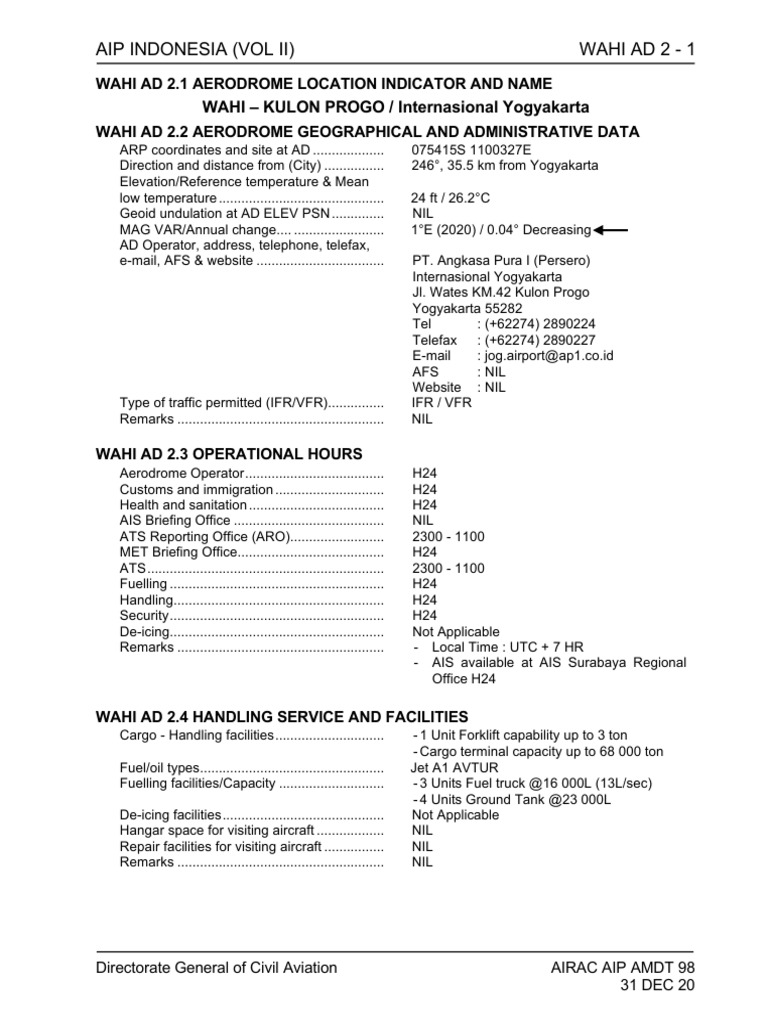 2302-Wahi Ad 2.1 To Ad 2.24 Airac Aip Amdt 98 31 Dec 20 | PDF ...