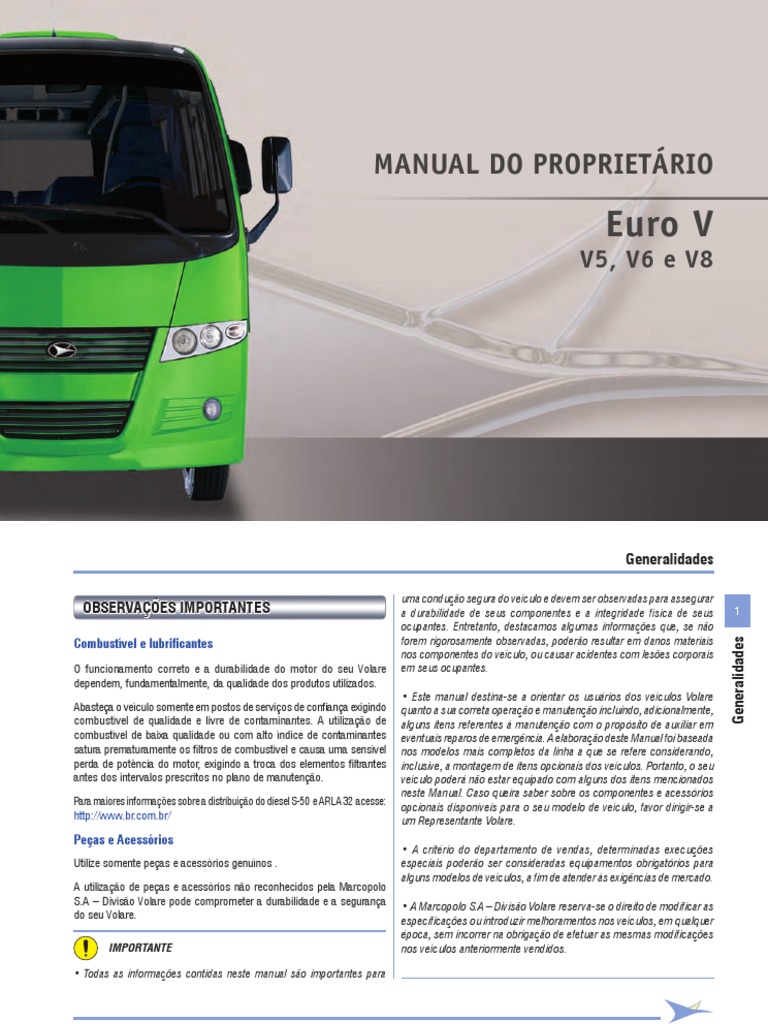 MANUAL VOLARE Euro V V5, V6 e V8 | PDF | Suspensão (veículo) | Ar  condicionado