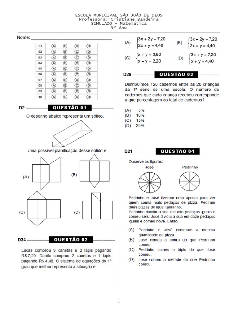 Simulado de Matemática 9º Ano SAEB | PDF