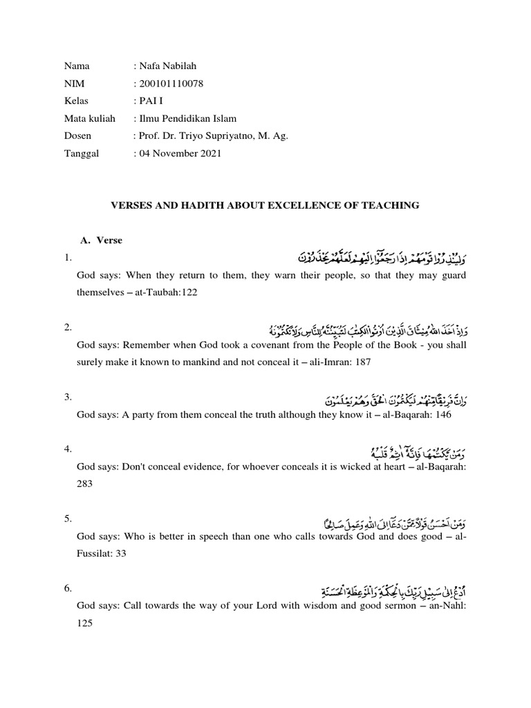 Hadith and Verses on Teaching Excellence | PDF | Muhammad | Heaven