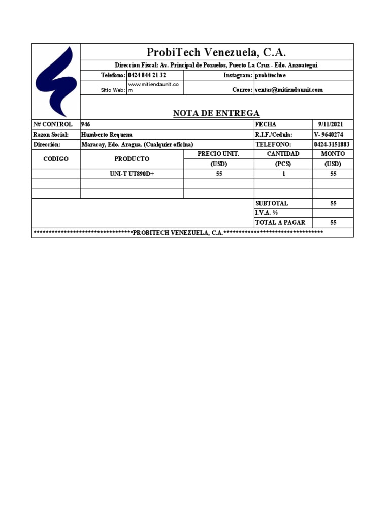 Formato De Nota De Entrega 1 Pdf