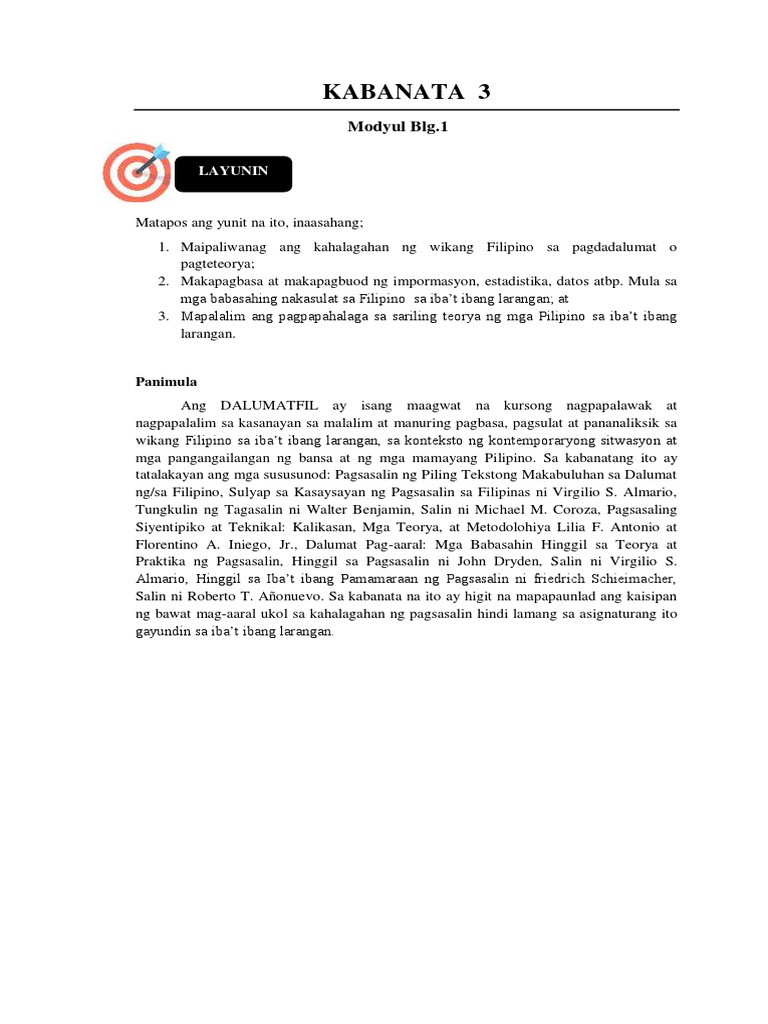 FIL 3-KAB 3 (Modyul 1) | PDF