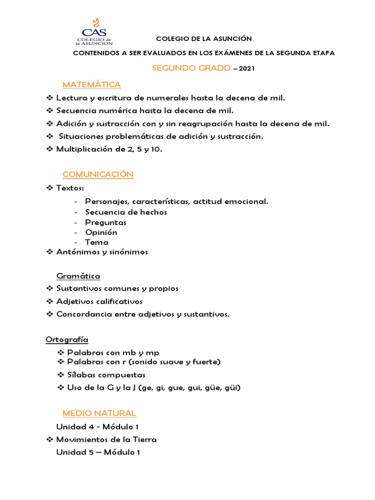 Contenidos A Evaluar. 2do Grado | PDF | Estudios de idiomas extranjeros