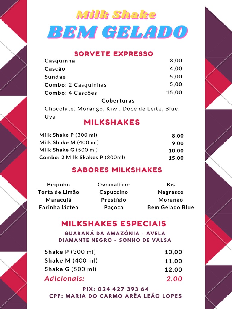 Cardápio de Milkshakes e Preços | PDF