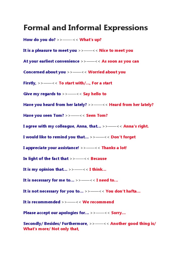 Formal vs Informal English Expressions | PDF | Cooking, Food & Wine ...