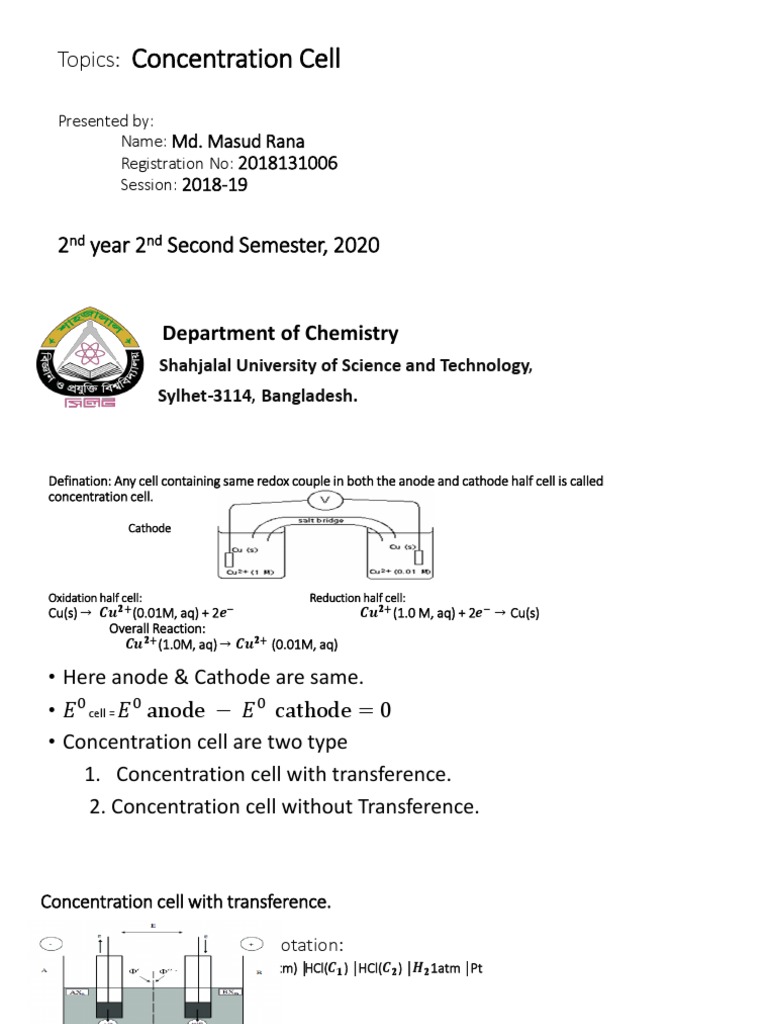 Understanding Concentration Cells Definitions, Types, Reactions, and Potential Calculations