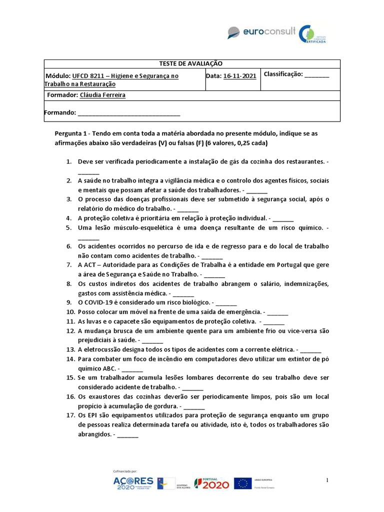 TESTE AVALIAÇAO - HST Restauraçao Pos Laboral | PDF