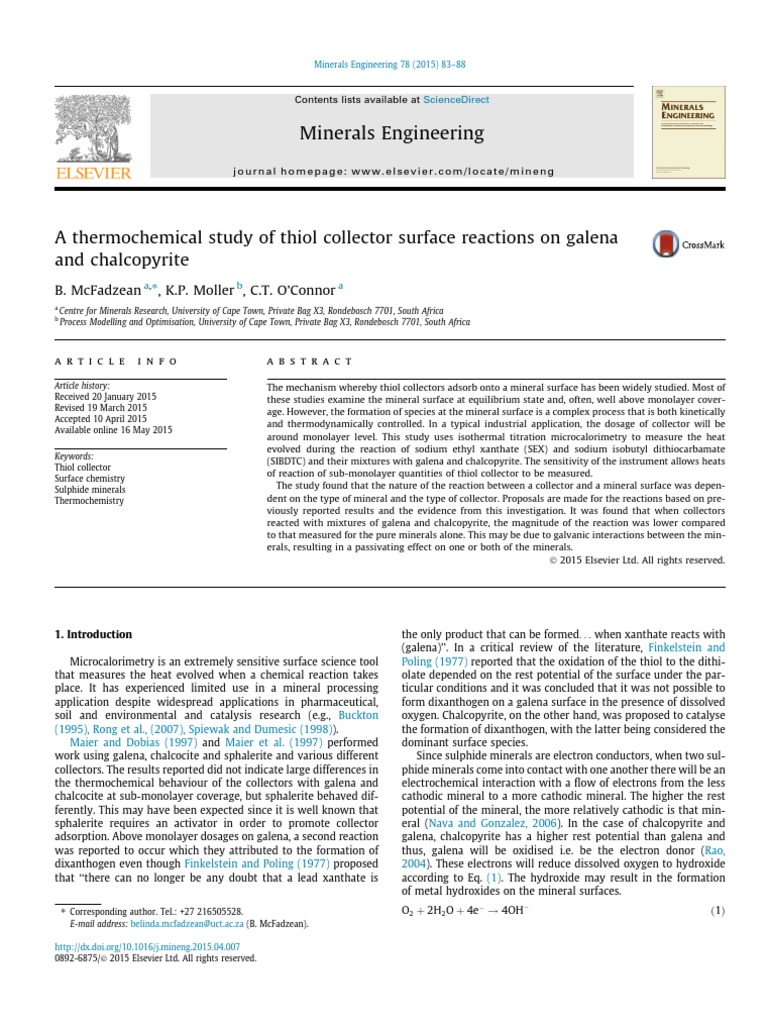 A Thermochemical Study of Thiol Collector Surface Reactions On Galena ...