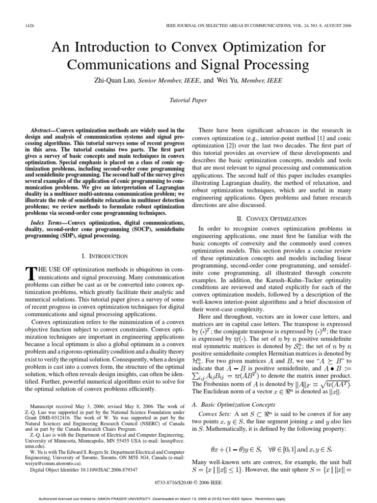 An Introduction To Convex Optimization For Communications and Signal Processing PDF Linear