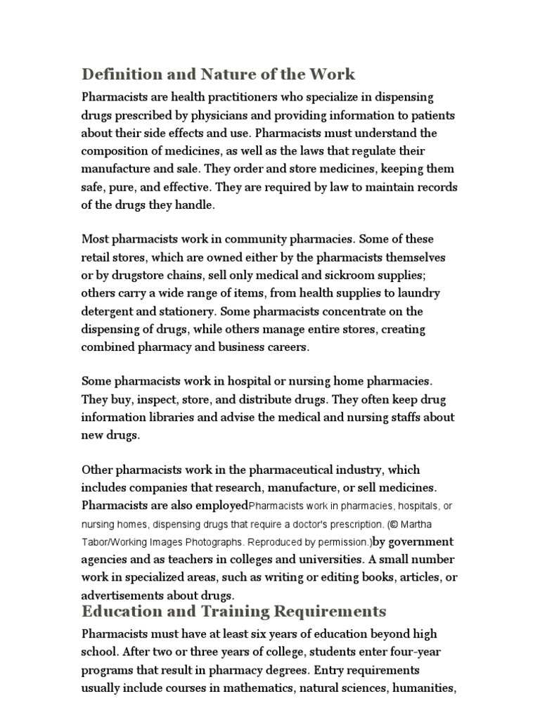 Definition and Nature of the Work Pharmacy Pharmacist
