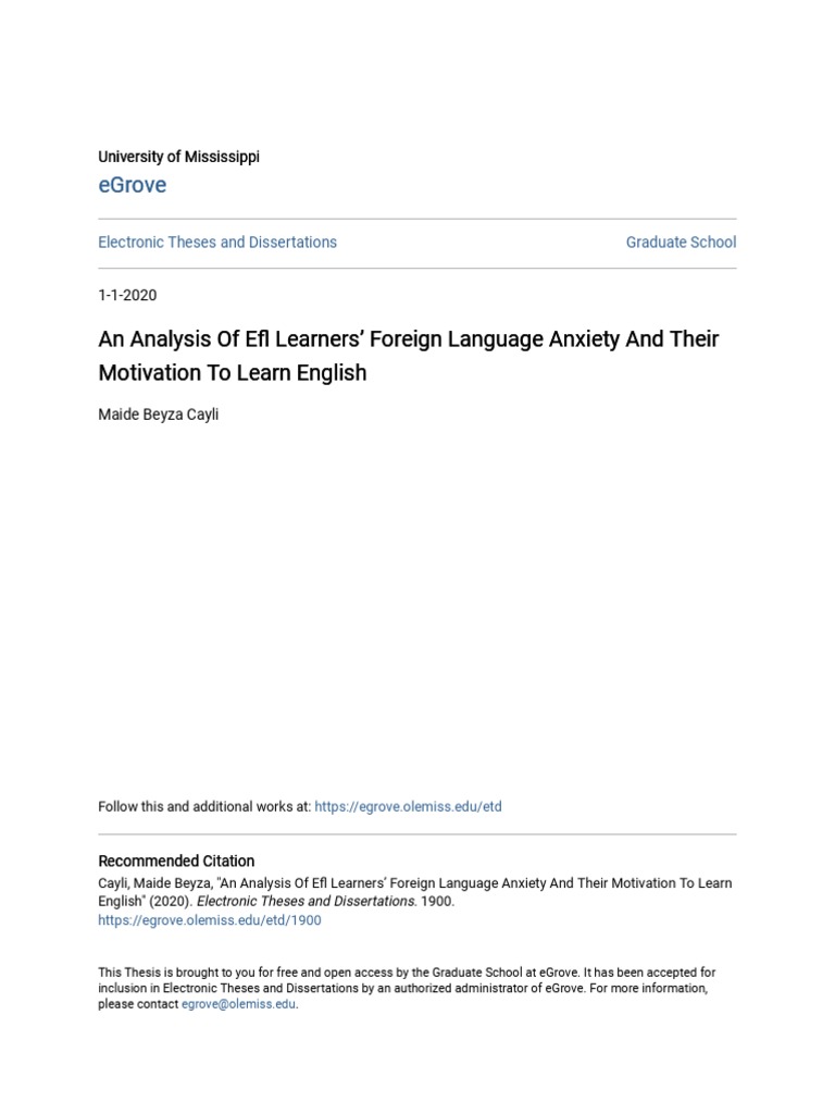An Analysis of Efl Learners - Foreign Language Anxiety and Their M ...