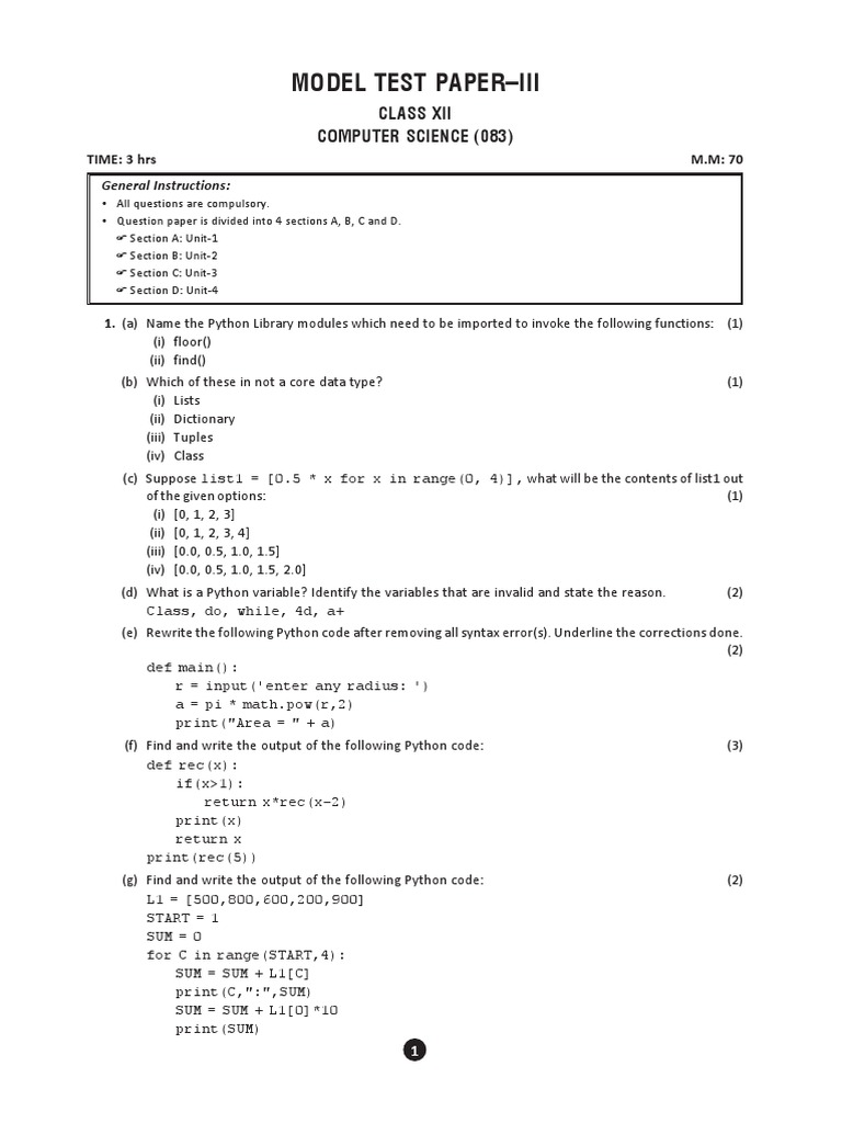 C S Class 12 Model Test Papers 3 | PDF | Python (Programming Language ...